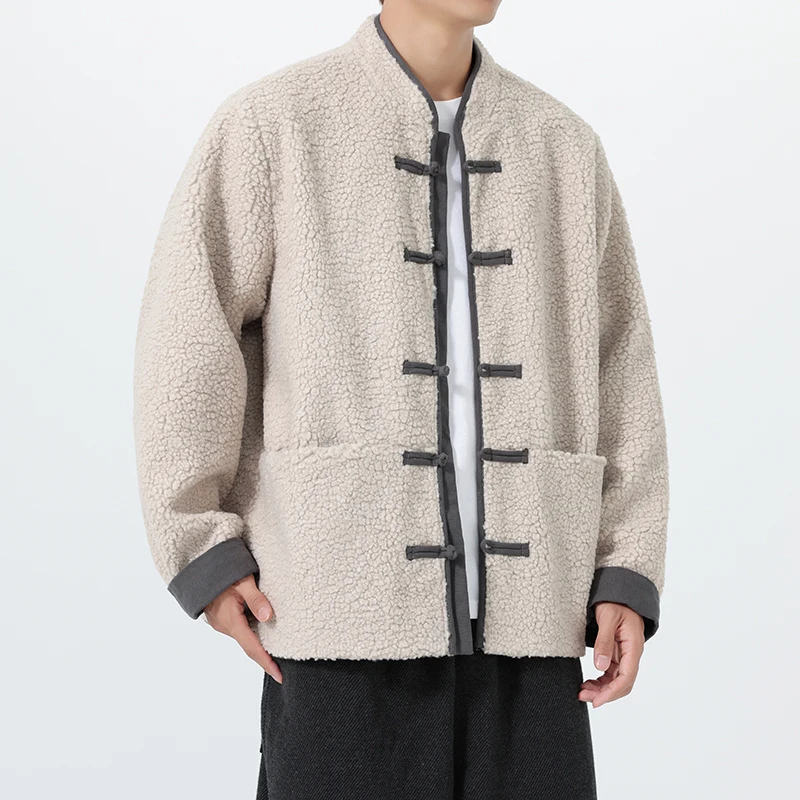 Autumn Winter Men Lamb Fur Parkas Man Cotton Padded Jacket Male Vintage Chinese Style Button Warm Coat Stand Collar Outerwear