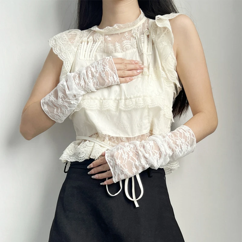 

Long Floral Lace Mesh False Sleeves Thin Driving Sunscreen Loose Fingerless Gloves Women Summer Outdoor Breathable Arm Cover