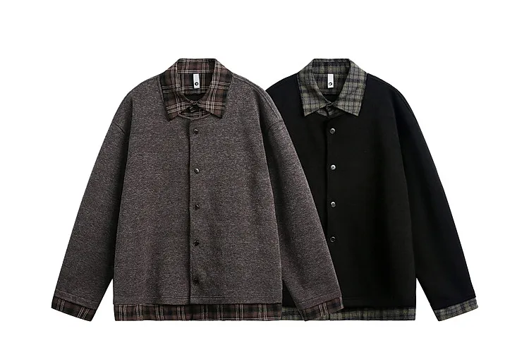 Spring Fake Two-piece Plaid Splicing Cardigan Knitted Men's and Women's Lazy Loose Casual Jacket