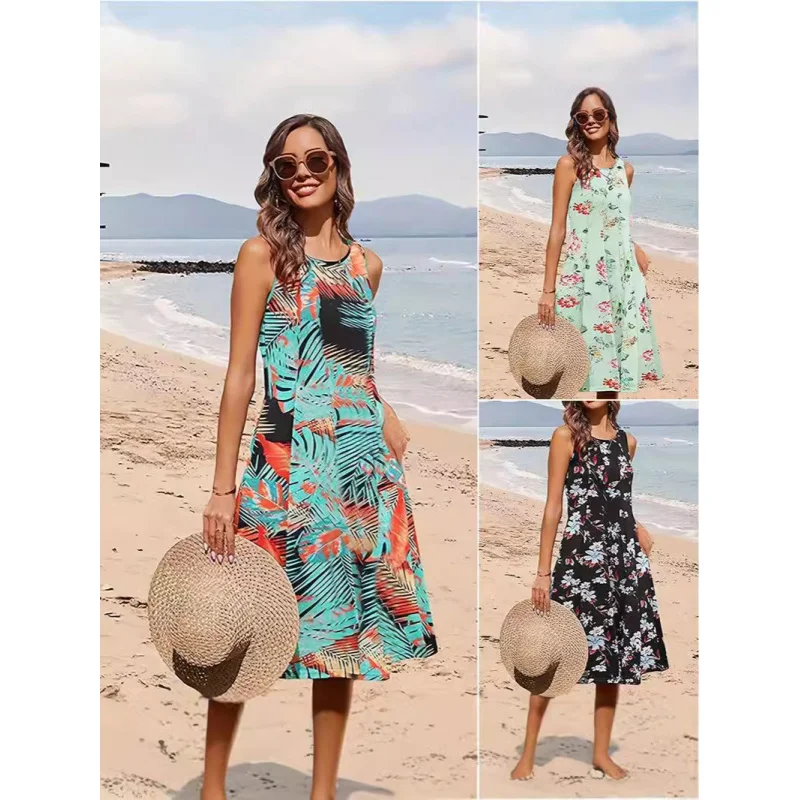 

2024Popular Elegant Multi-Color Dinosaur Printed Vest Digital Printed round Neck Women Dress