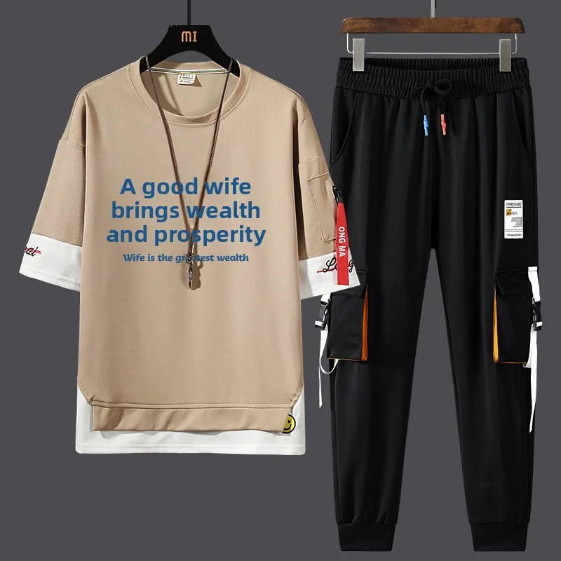 

Повседневный спортивный костюм для мужчин с креативным текстовым дизайном, большие размеры, стильные брюки и футболка с коротким рукавом, удобный, из полиэфирного волокна, летний.