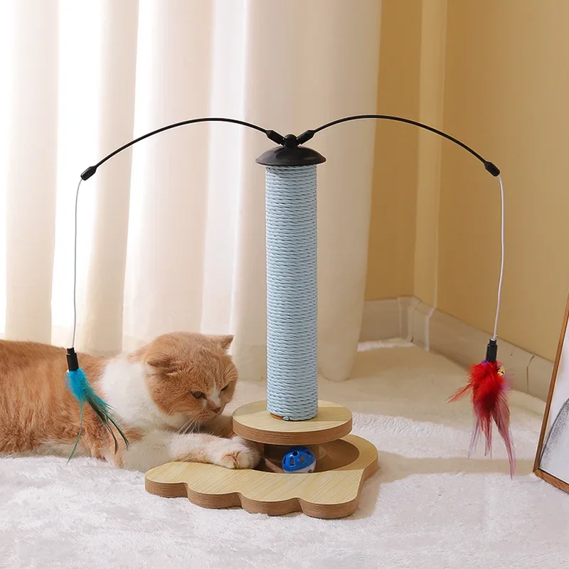 Interactive Cat Toy for Self-Entertainment - Spinning Disc, Feather Teaser and Sisal Scratching Post