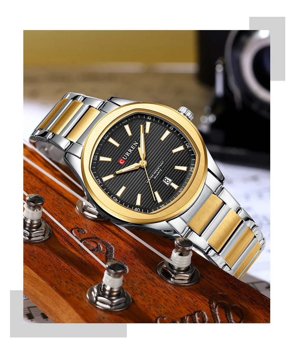 CURREN Modische Minimalistische Quarzuhr für Herren Zweifarbiges Edelstahlarmband Luxus-Armbanduhren mit Leuchtzeigern – Detail 16