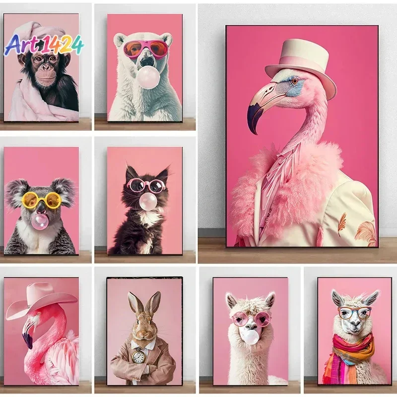 Pink Funny Cute Animal Bubble Party Disco Posters Kitten Llama Koala Prints Canvas Printing Wall Art Picture for Room Home De