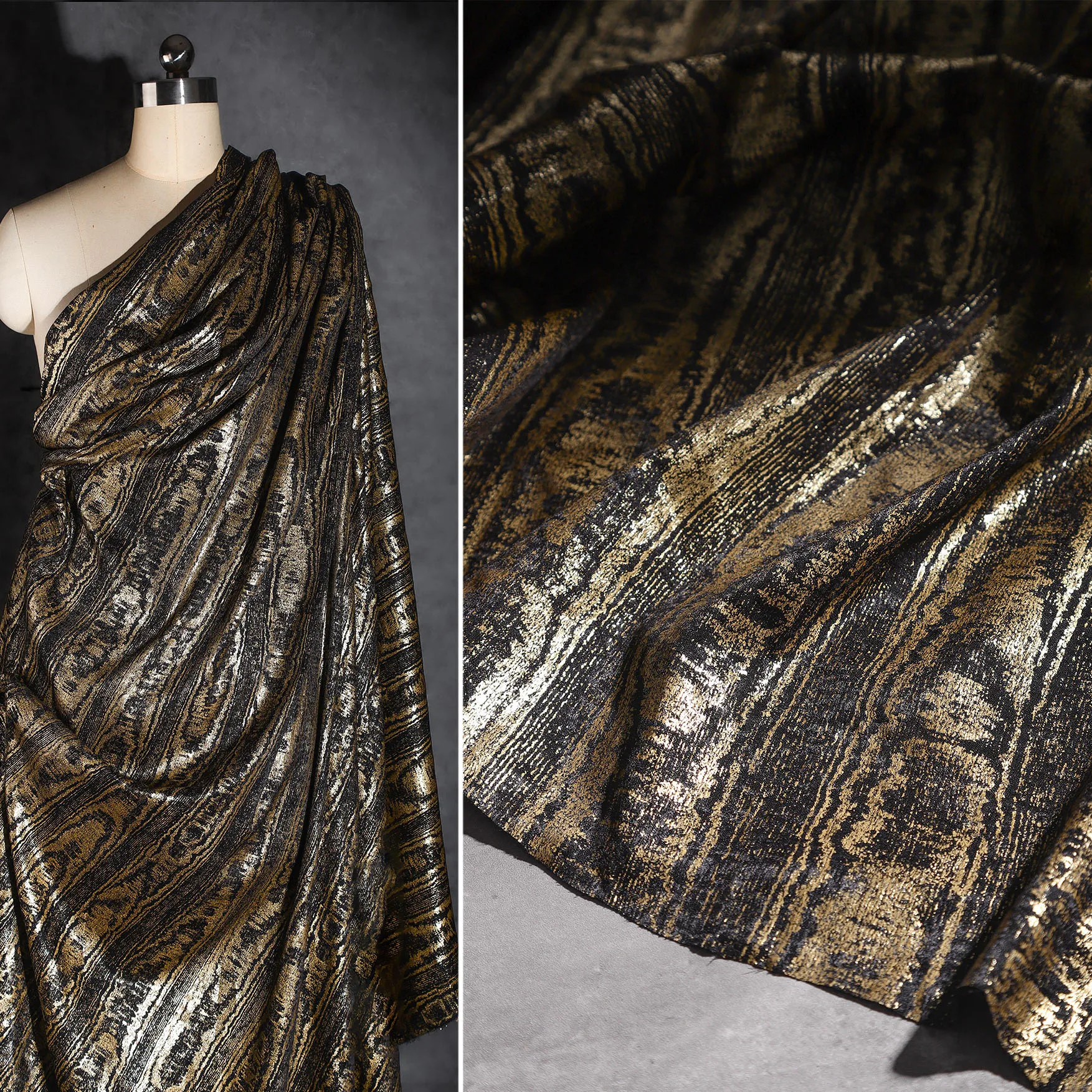 

1 ярд, черная золотая кора, ткань для обработки горячего тиснения для одежды, креативная плиссированная текстура, ткань, пальто, юбка, дизайнерская ткань