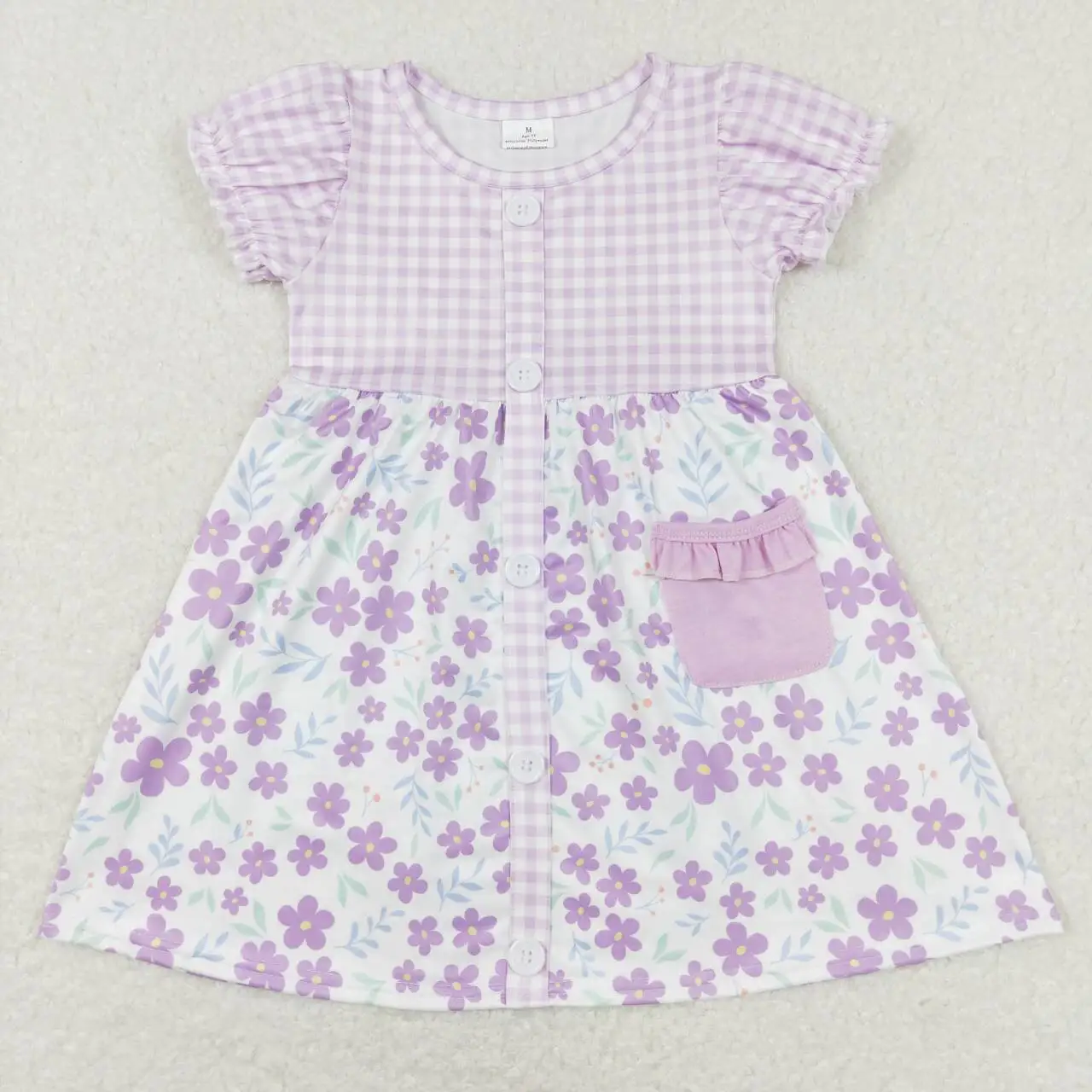 

GSD0577 toddler girls dresses Floral Purple and White Plaid Button Short Sleeve Dress Wholesale clothes for girls summer dress