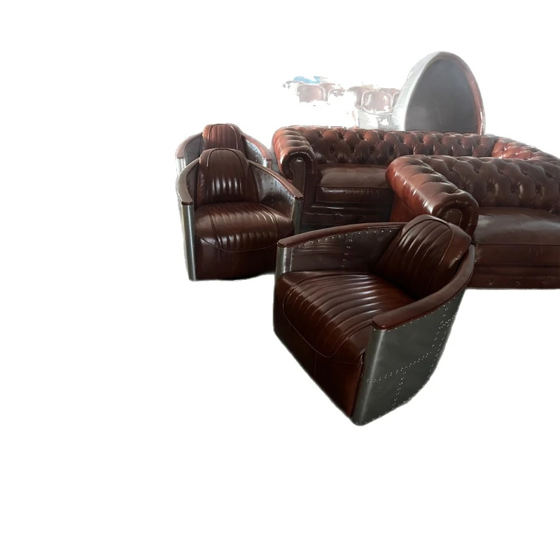 Industrial style leisure sofa chair leather aluminum sheet rivet chair