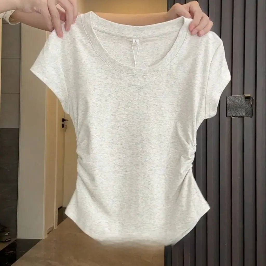 

Women's Light Blue Korean Style Slimming T-Shirt Pleated Top Right Shoulder Short Sleeve Summer Versatile Gentle Design