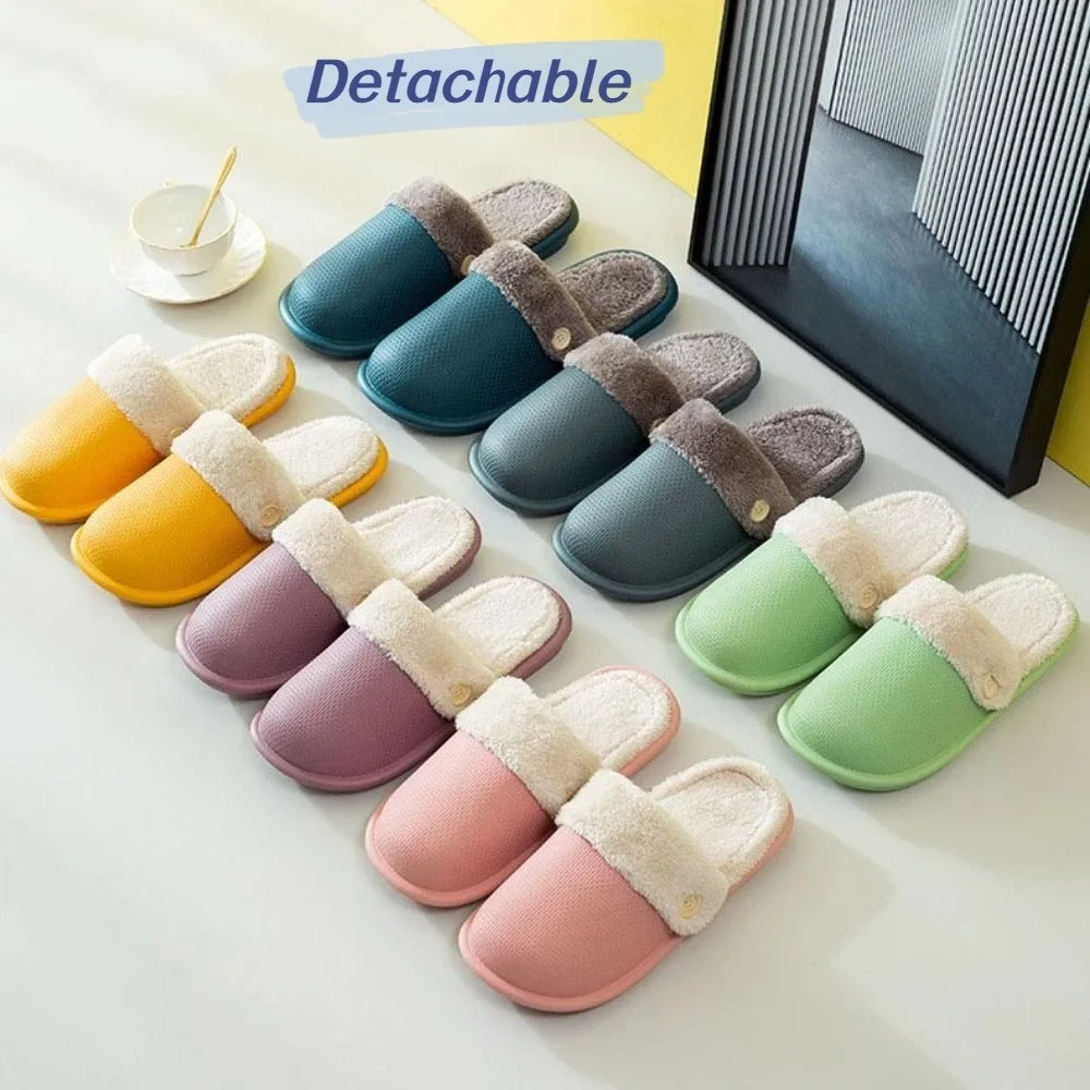 Sandal Bulu Musim Dingin yang Dapat Dilepas, Tahan Air, Anti Selip, Hangat, Sandal Wanita Modis untuk di Rumah, Sandal Bulu EVA untuk Pria dan Wanita