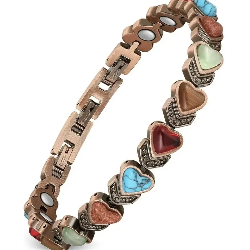 Reines Kupfer Magnetisches Natürliches Einzigartiges Edelstein-Herz-Armband für Frauen Exquisiter Bunter Liebes-Charm-Armreif Valentinstagsgeschenke