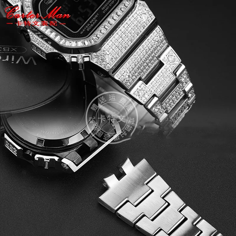 Diamond Strap and Case Set for Casio g-shock Small Square Silver GMW-B5000 Series Diamond Inlaid Case Strap Set for Men's Wristb