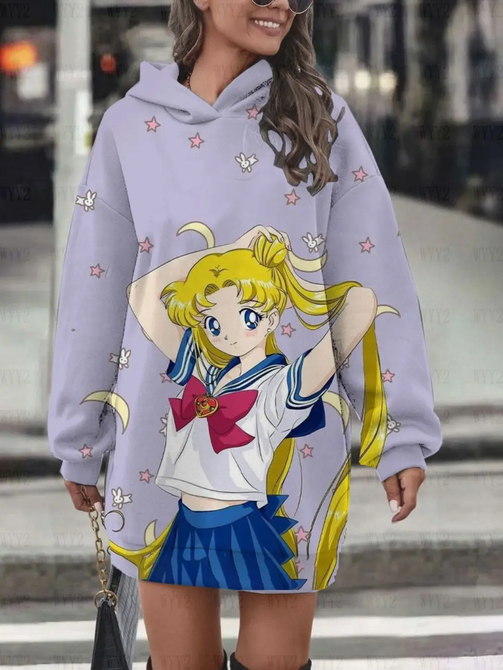 Cute sweet mid-length sweater dress Sailor Moon print casual age-reducing long sleeve Korean fashion hoodie dress