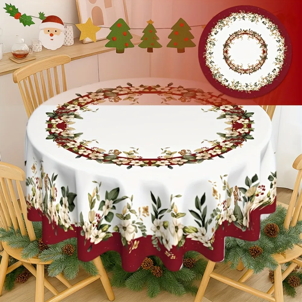 JIT 1pc red floral Christmas round tablecloth with wreath