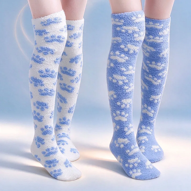 Women Coral Fleece Thigh High Socks Cute Cat Paw Heart Print Over‑Knee Socks Winter Warm Fluffy Long Sleeping Floor Socks