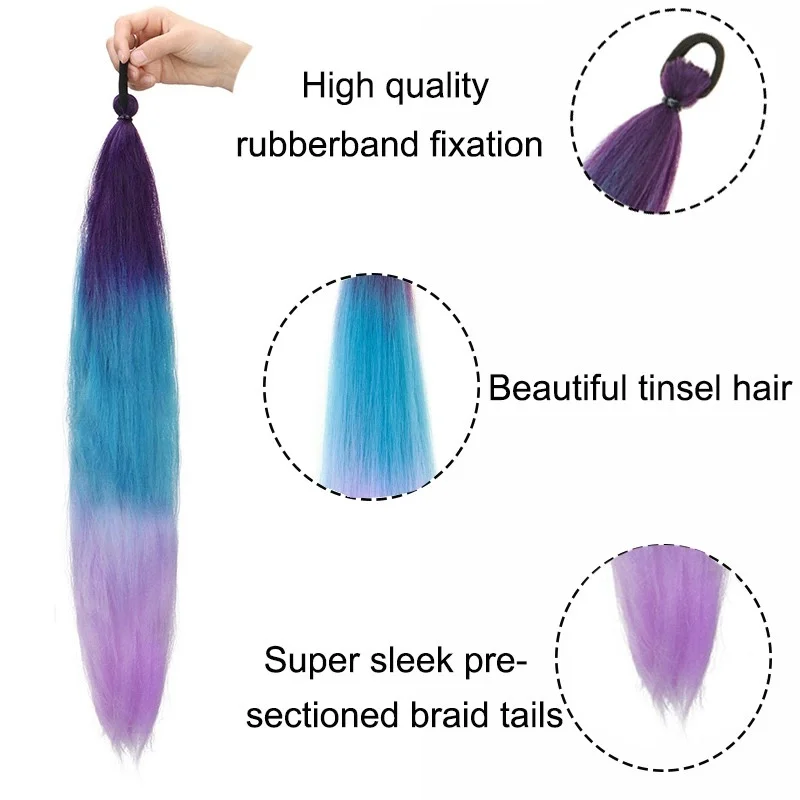 Synthetic Colorful Ponytail Extension 2Pcs Long Straight DIY Braided Pony Tail Hairpiece with Rubber Band Women Hair Accessories