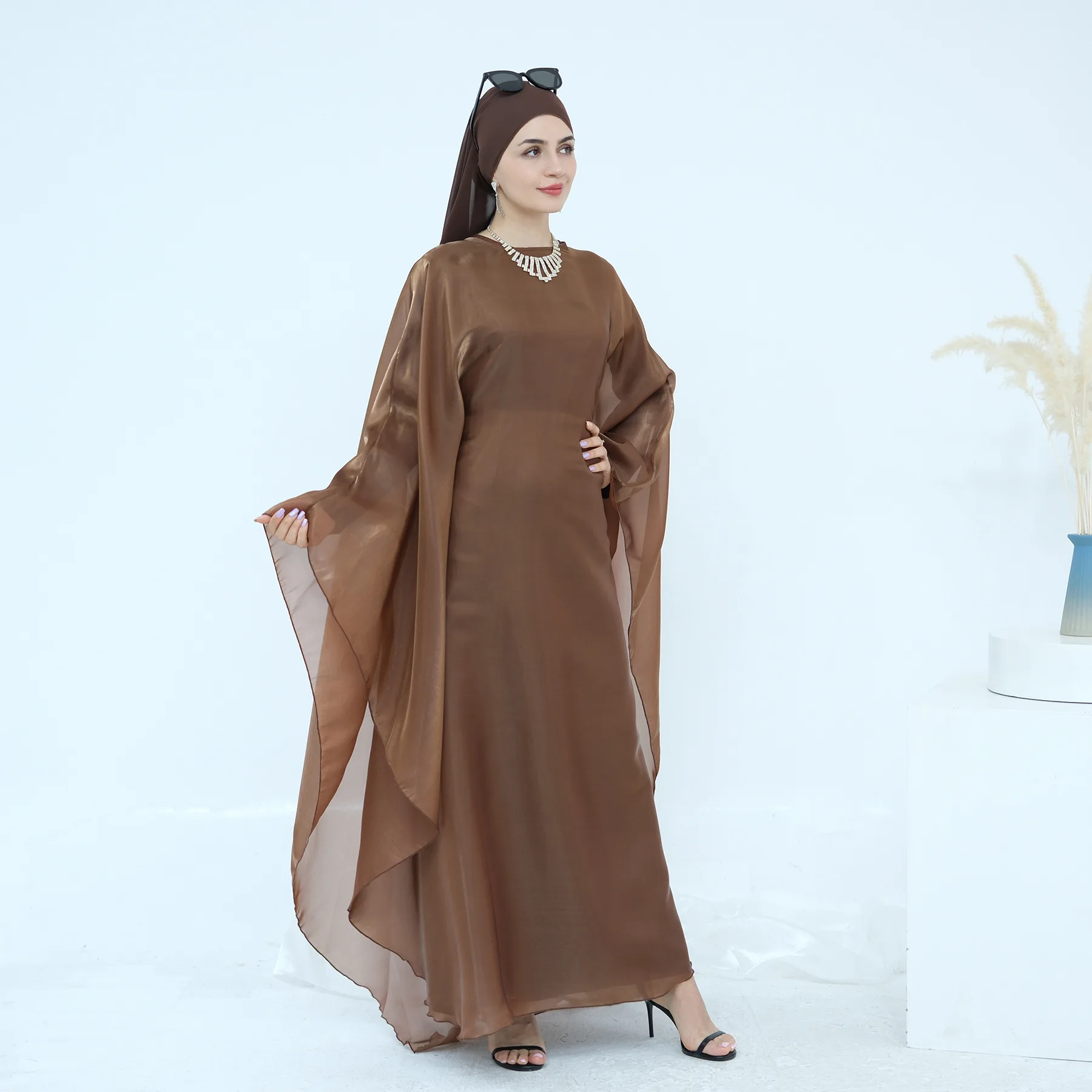 Zweiteiliges Set für Damen, Abaya + Hijab-Set, modisch, Übergröße, langes Kleid, muslimische islamische Kleidung mit Innenkleid, Schal-Anzug