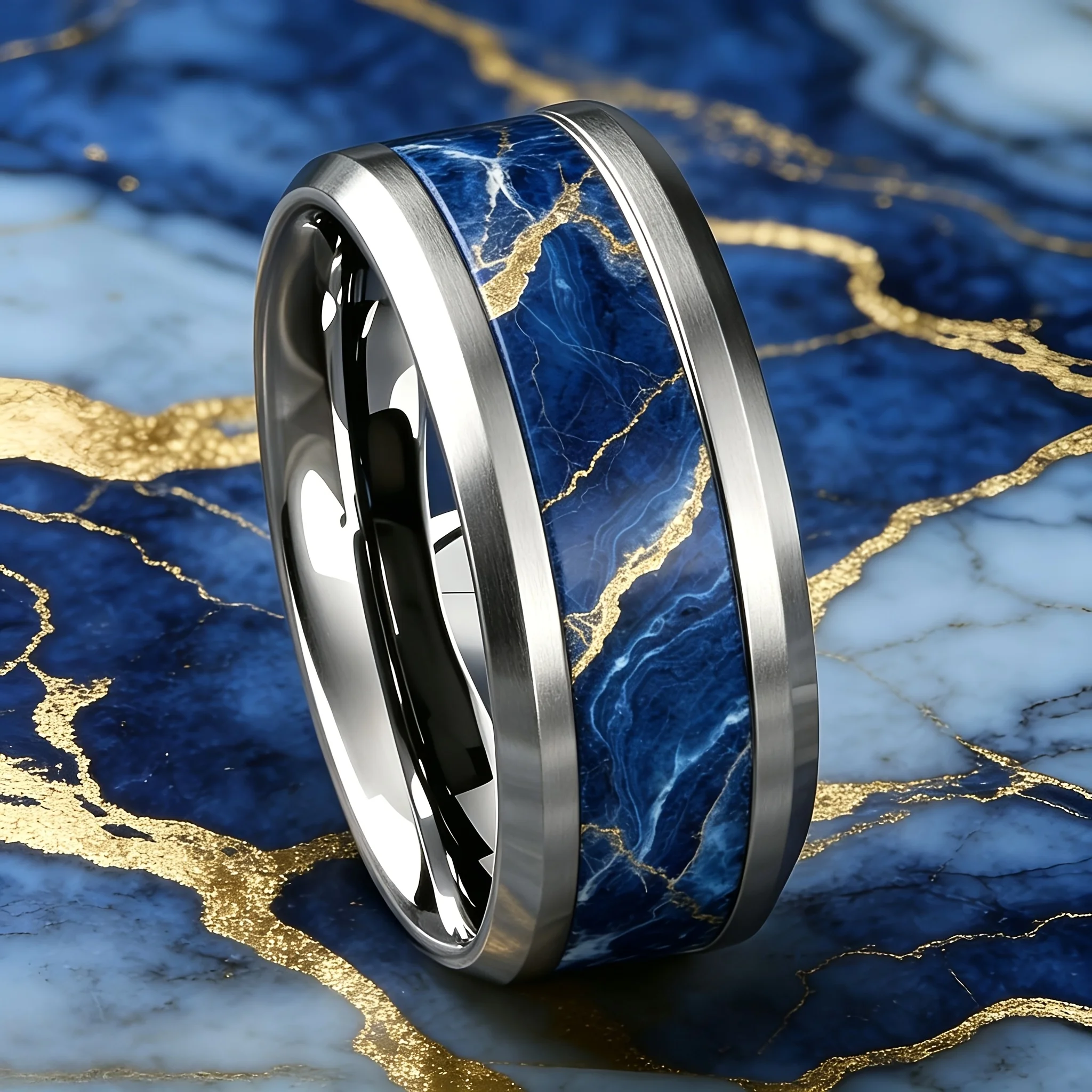 Luxury Royal Blue Marble And Golden Pattern Ring Stainless Steel Rings For Women Men Wedding Band Jewelry Valentine's Day Gifts