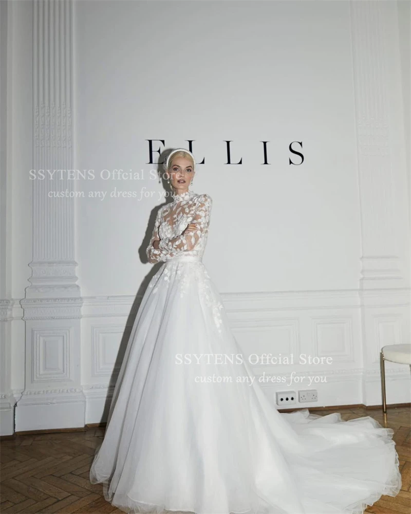 SSYTENS-vestidos De novia blancos Vintage para mujer, vestido De novia De cuello alto, mangas largas, corte en A, apliques, personalizado, 2026