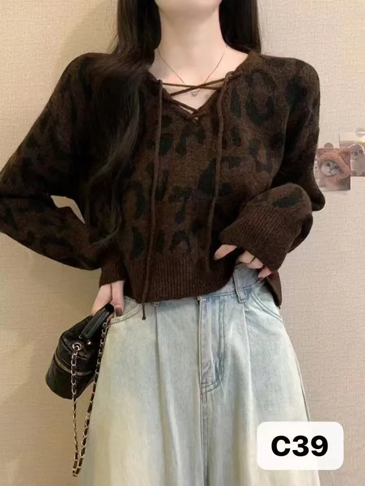 Women's Lace-Up V-neck Leopard Sweater Korean Style Elegant Fashion Long Sleeve Pullover Top Autumn Gray Khaki Coffee Knitwear