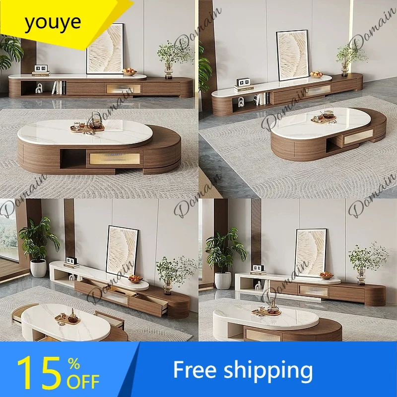 N80 Mid-Century Modern Microcrystalline Stone Slab Extendable Coffee Table TV Cabinet Walnut Color for Small Living Room