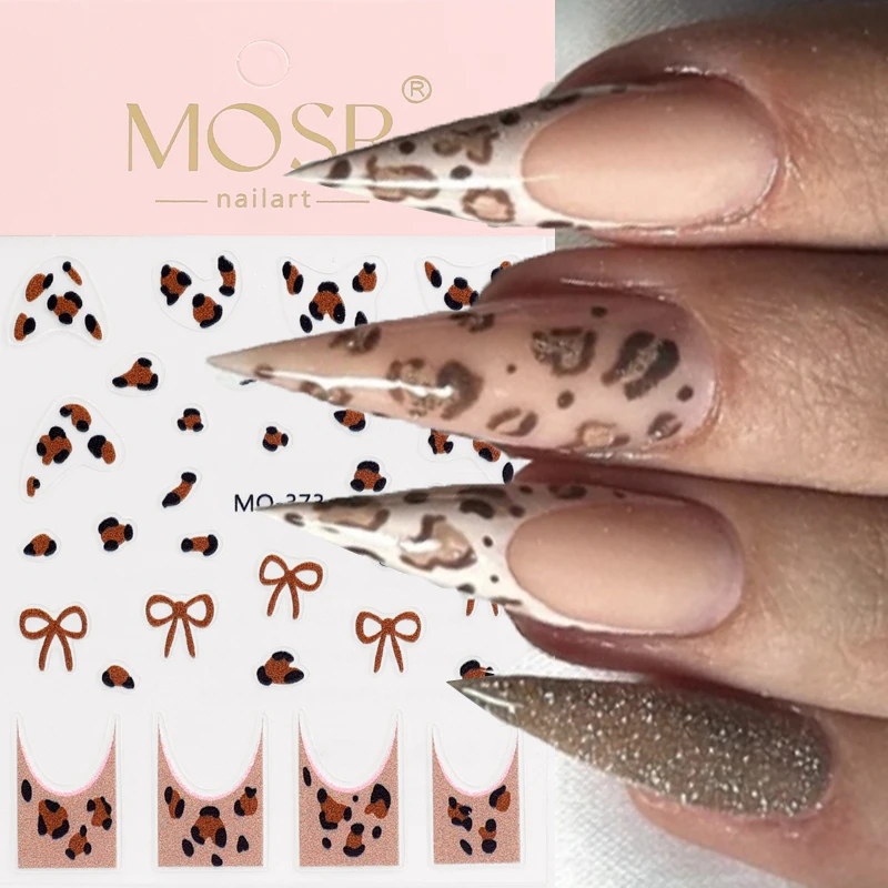 3D Leopard Print Nail Stickers Cute Black Bowknot Design Adhesive Nails Art Decals Slider Skin Bow French Manicure Decoration