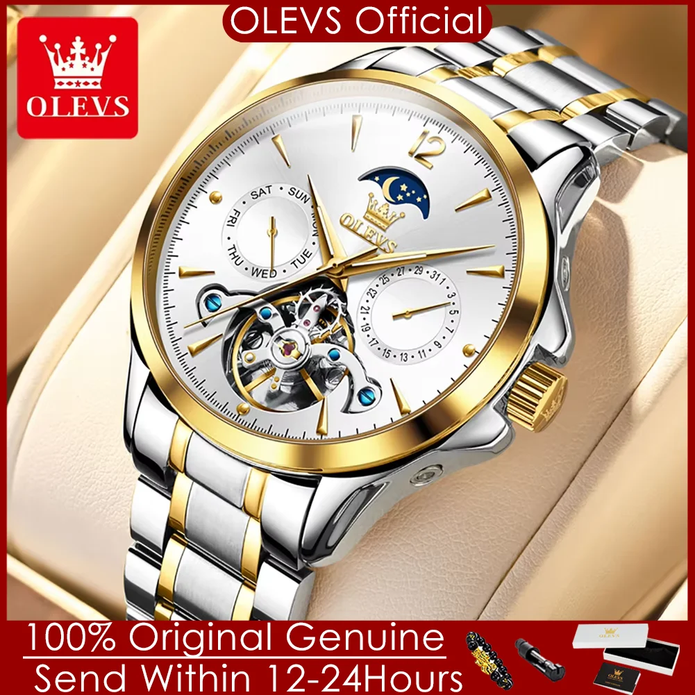 

OLEVS 6663 часы с фазой Луны для мужчин, автоматические механические наручные часы, роскошные водонепроницаемые часы со скелетонизированным маховиком, мужские часы Moonswatch