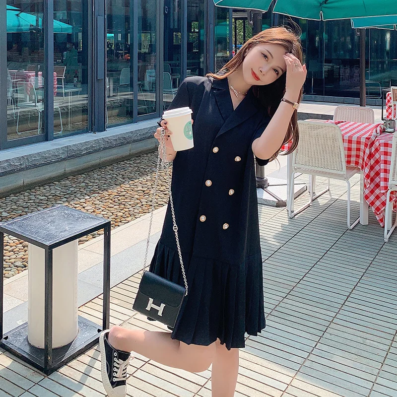 

Plus Size 4XL Women Blazer Pearl Double Breasted Black Dress Summer Short Sleeve Pleated Party Dresses Work Vestido Robe