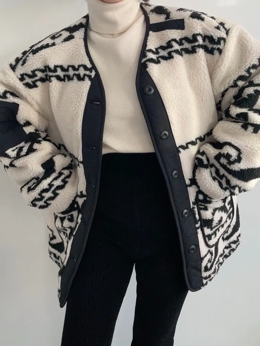 

Женский винтажный теплый топ свободного покроя с воротником из овечьего меха Thiened Long Sve Cotton Jaet, весна-осень-зима, повседневный онлайн Exc...