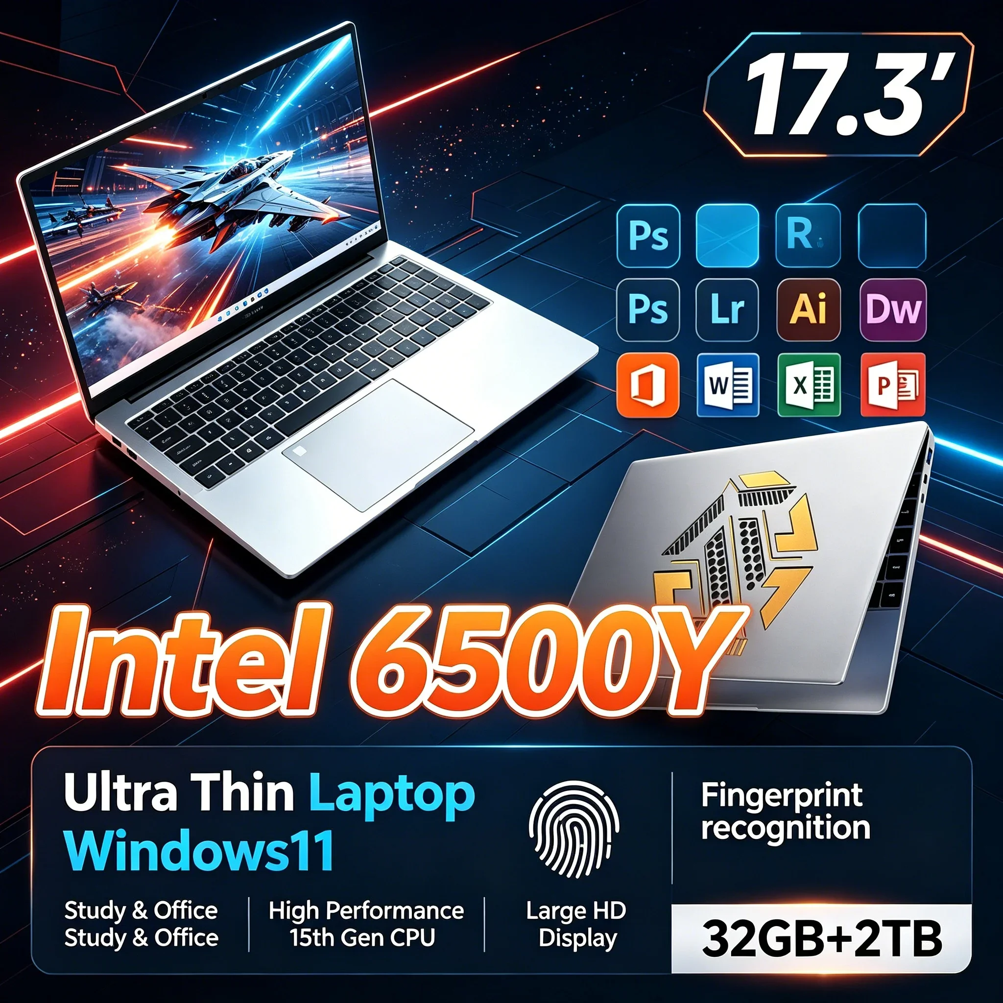 New Portable 17.3'' Inch Laptop Intel 6500Y 32GB RAM 1TB/2TB SSD Win11 WiFi6 BT5.2 Light Notebook PC For Daily Learning & Office