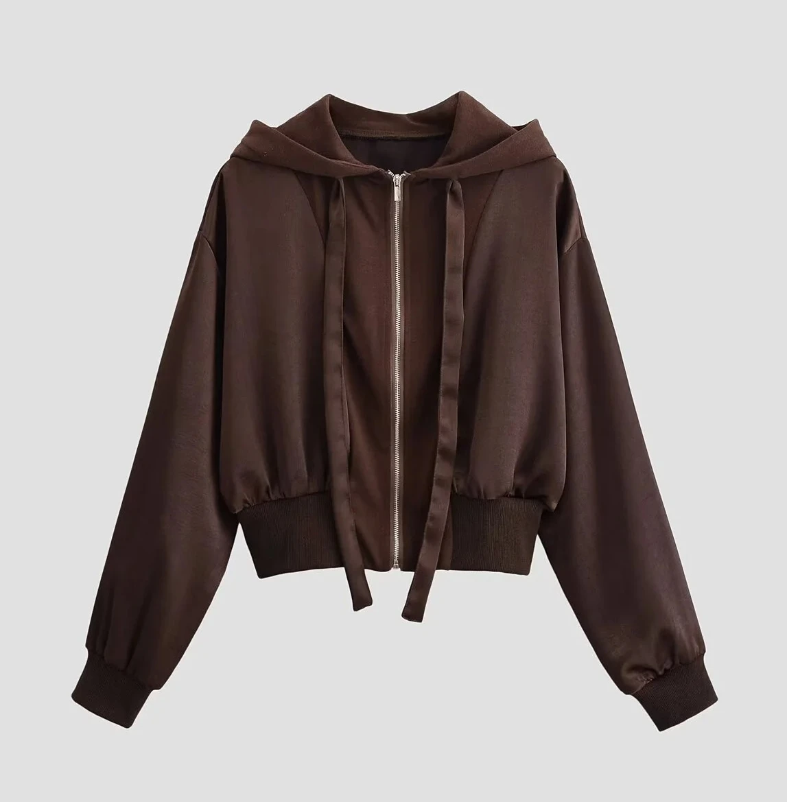 女性用 新しいパッチワークテクスチャードフード付き長袖カジュアルファッションシンプルジッパートリムショートジャケット