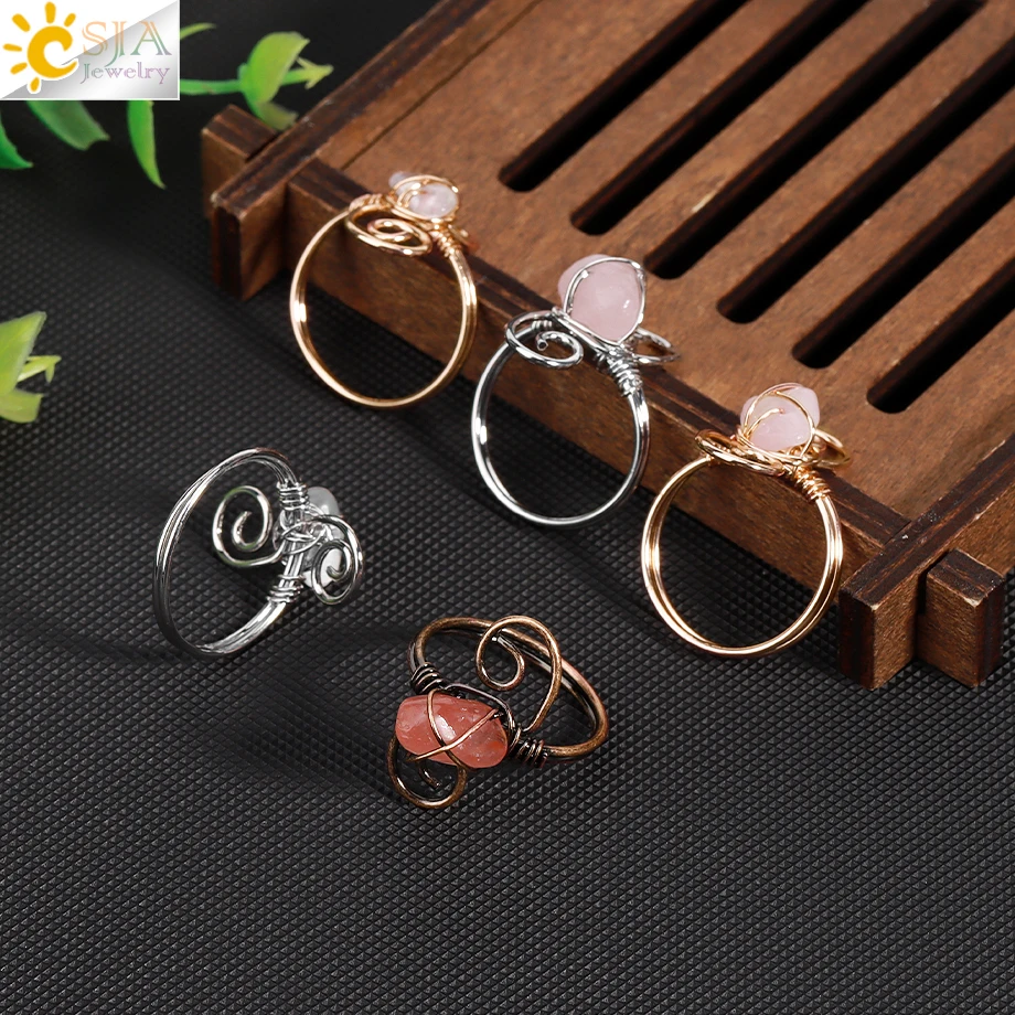 CSJA Women Ring Natural Stone Irregular Chip Bead Crystal Antique Silver Color Wire Wrapped Rings Reiki Fashion Jewelry H295