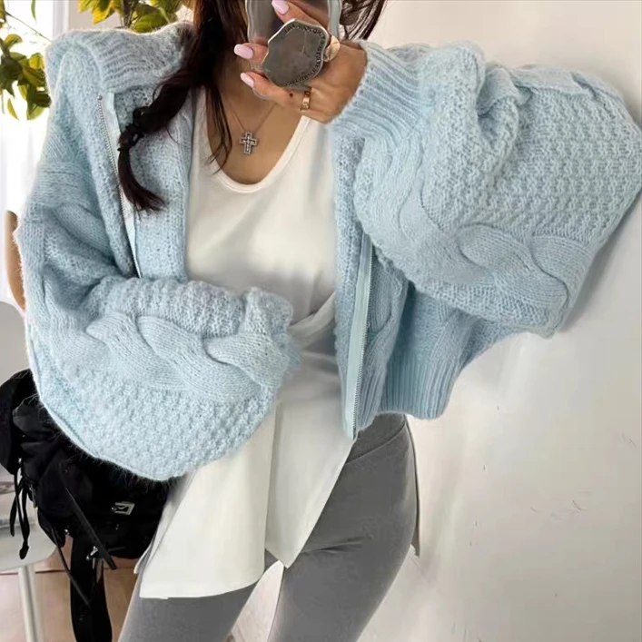 

Autumn Winter casual loose batwing sleeve women's Knitted Sweater zipper Short Cardigan jacket Fashion y2k hoody Sweaters Women