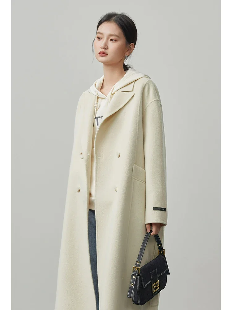 ZIQIAO Hepburn High-end Double-sided Cashmere Coat Women Mid-length 2022 New Office Lady Commuter Woolen Long Coat Female