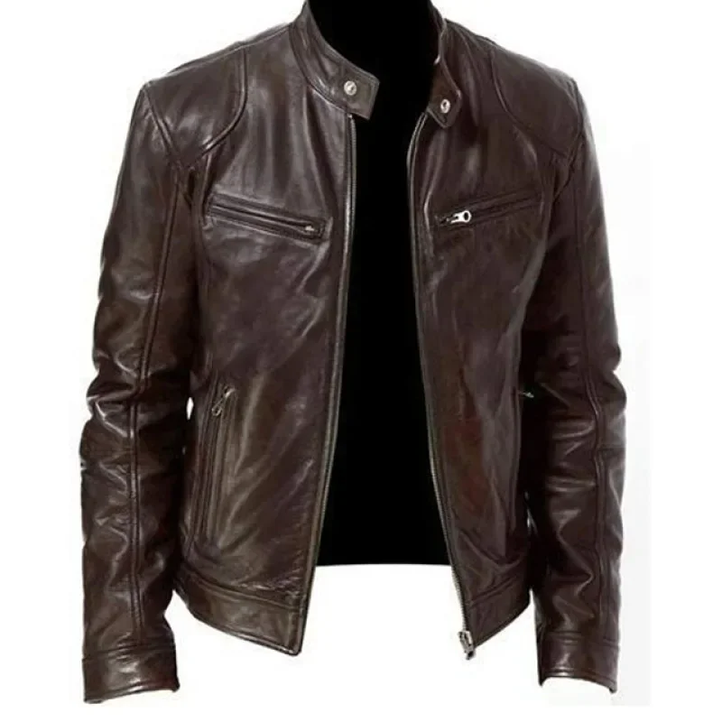 Chaqueta de cuero PU para hombre, chaqueta de cuero ajustada con cremallera y cuello levantado, cárdigan de moda para motocicleta, chaqueta de PU para hombre, novedad de 2024 5XL-M