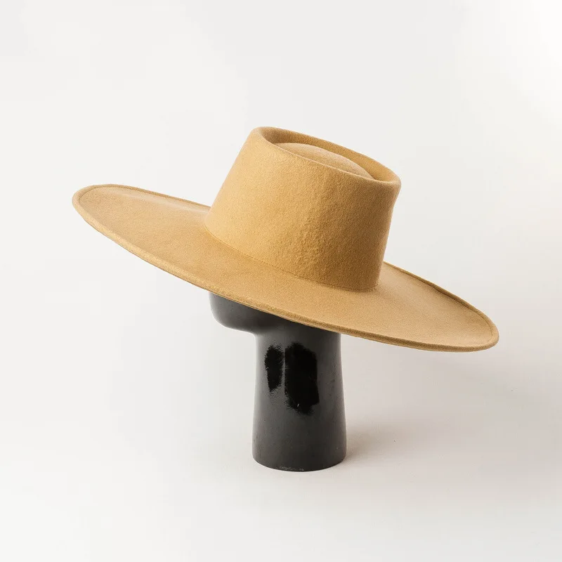 Autumn Winter New Simple Fashion Bare Round Top Flat Brim Wool Fedora Hat for Fashion Show and Shopping Large Brim Felt Hat