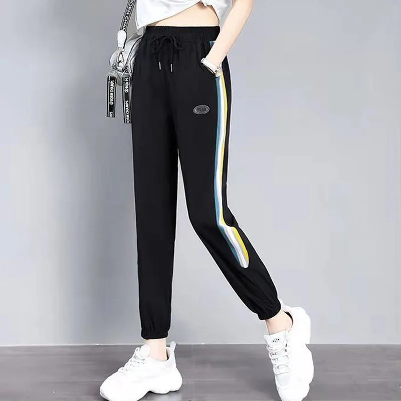 Casual Fashion Solid Color Elastic High Waist Sweatpants Women's Clothing Summer Loose All-match Striped Spliced Cropped Pants