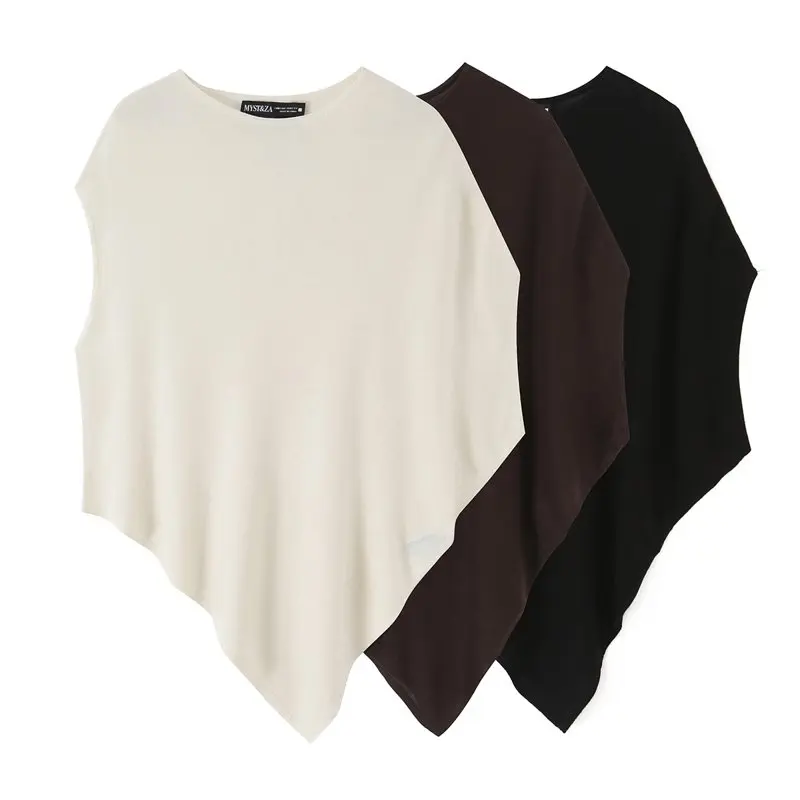 XNWMNZ High Quality  2026 New Women's Tri-Color Asymmetric Fall Knit Poncho Sweater Sleeveless Pullover Cape Top