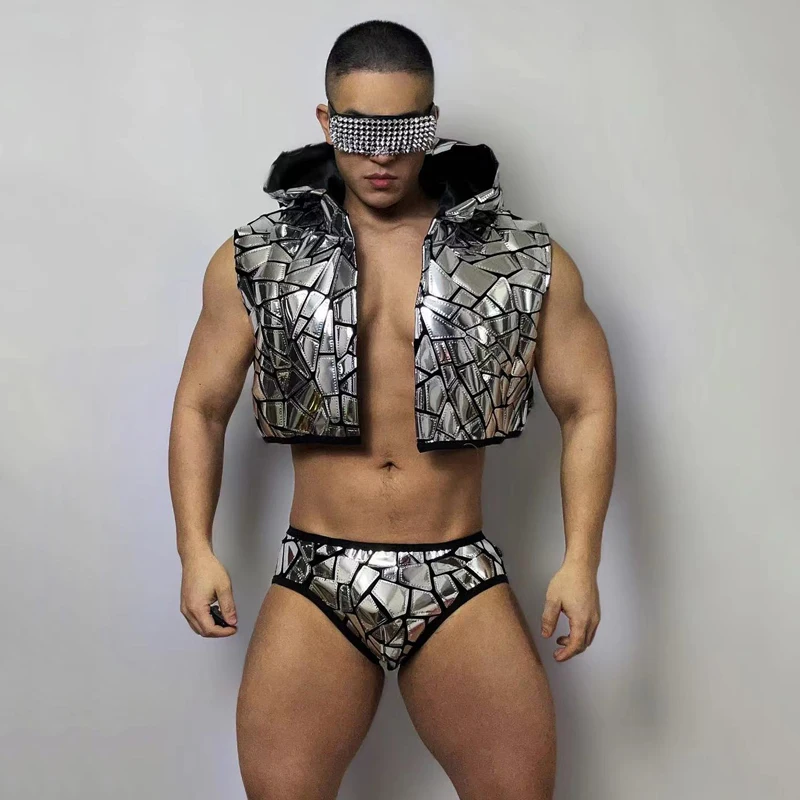Nightclub DJ Party Muscle Man Gogo Pole Dance Clothes Silver Gold Mirrors Costume Sequins Hoodie Shorts Stage Rave Outfit XS5951