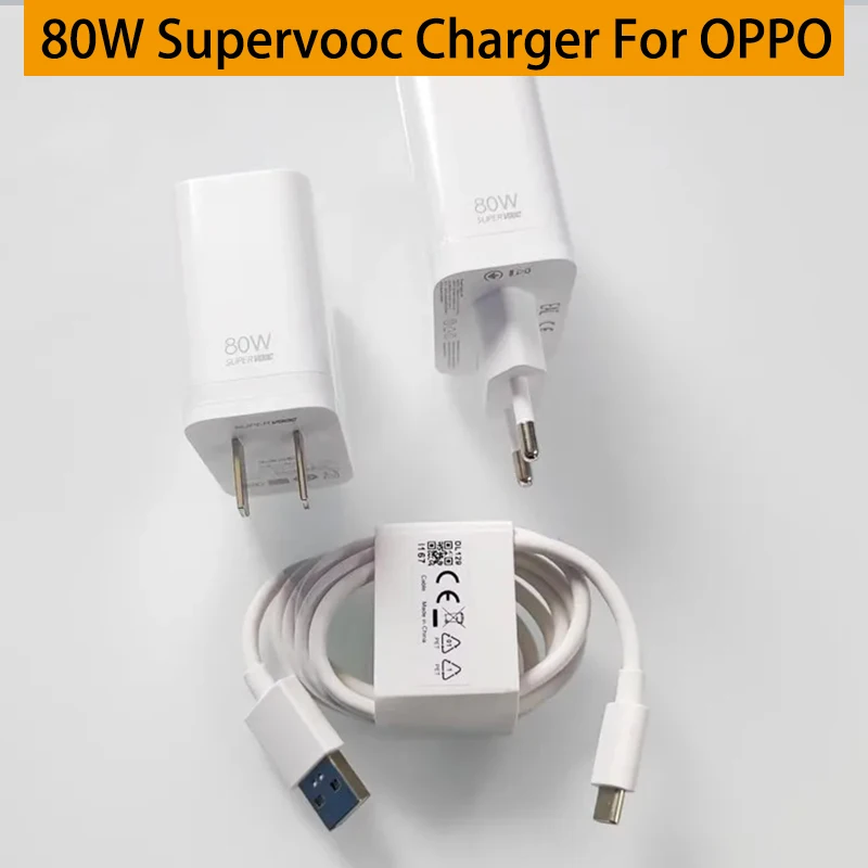 Оригинальное зарядное устройство OPPO 80 Вт SuperVOOC для ЕС и США, USB C кабель для OPPO Reno 12 11 10 9 Pro Find X5 X6 X7 Pro