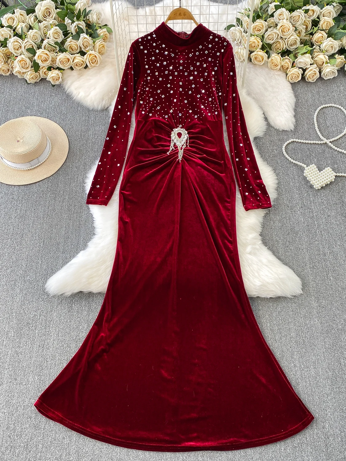 Ele diamant intégré velours rond Ne Dr femmes automne hiver taille haute Fi queue robe Sve Longevi Faionable