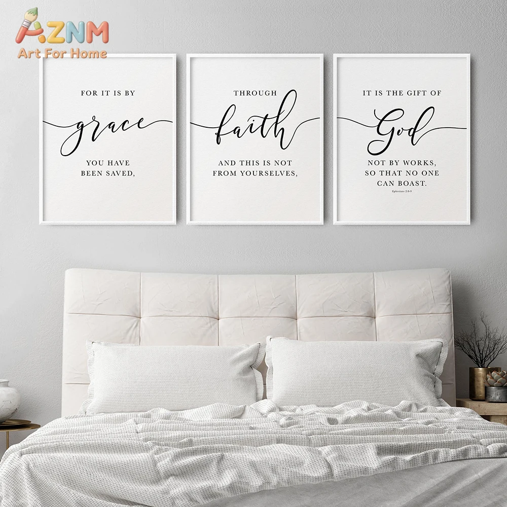 AZNM Grace Faith God Bible Verse Typography Canvas Wall Art, Minimal Christian Scripture Quote Aesthetic Bedroom Home Decor Unfr