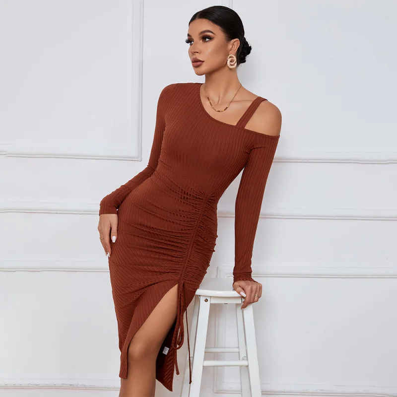 

YQ1-Trendy Women's ClothingdressDrawstring Slit Off-shoulder Autumn Winter Bodycon Long Sleeve Dress