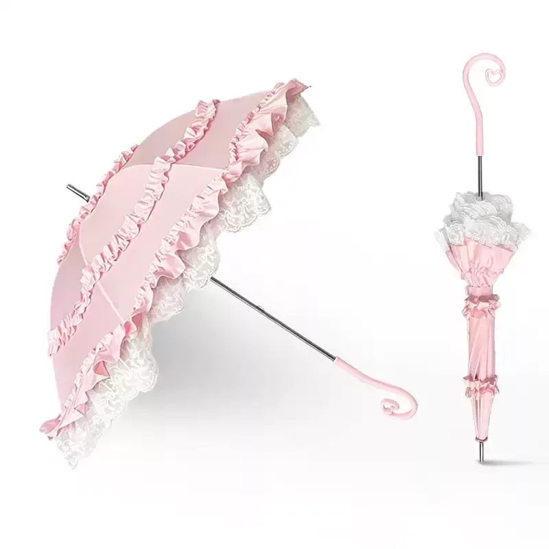 Sweet Lace Lolita Princess Umbrella Long Pole Decorative Cos Prop Pink Parasol