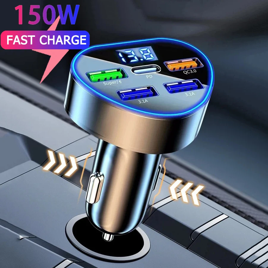 

150W Car USB Charger Super Fast Charging 5 Ports PD QC3.0 Universal LED Digital Display Cigarette Lighter Adapter for Phones