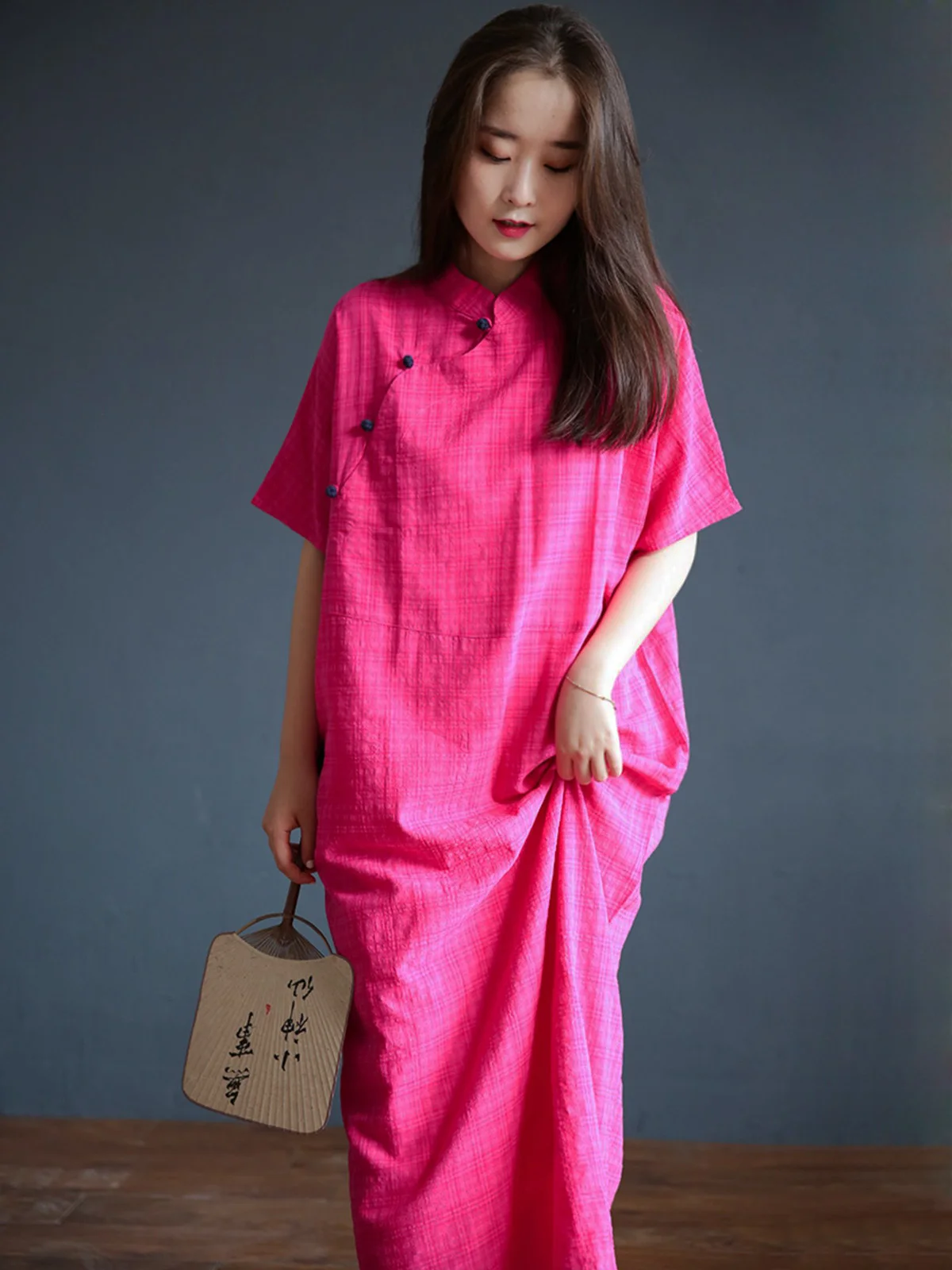 Zomer Vintage Geruite Jurk Met Korte Mouwen Vrouwen Losse Bamboe Katoen Chinese Casual Disc Gesp Jumper Cheongsam Lange Jurk