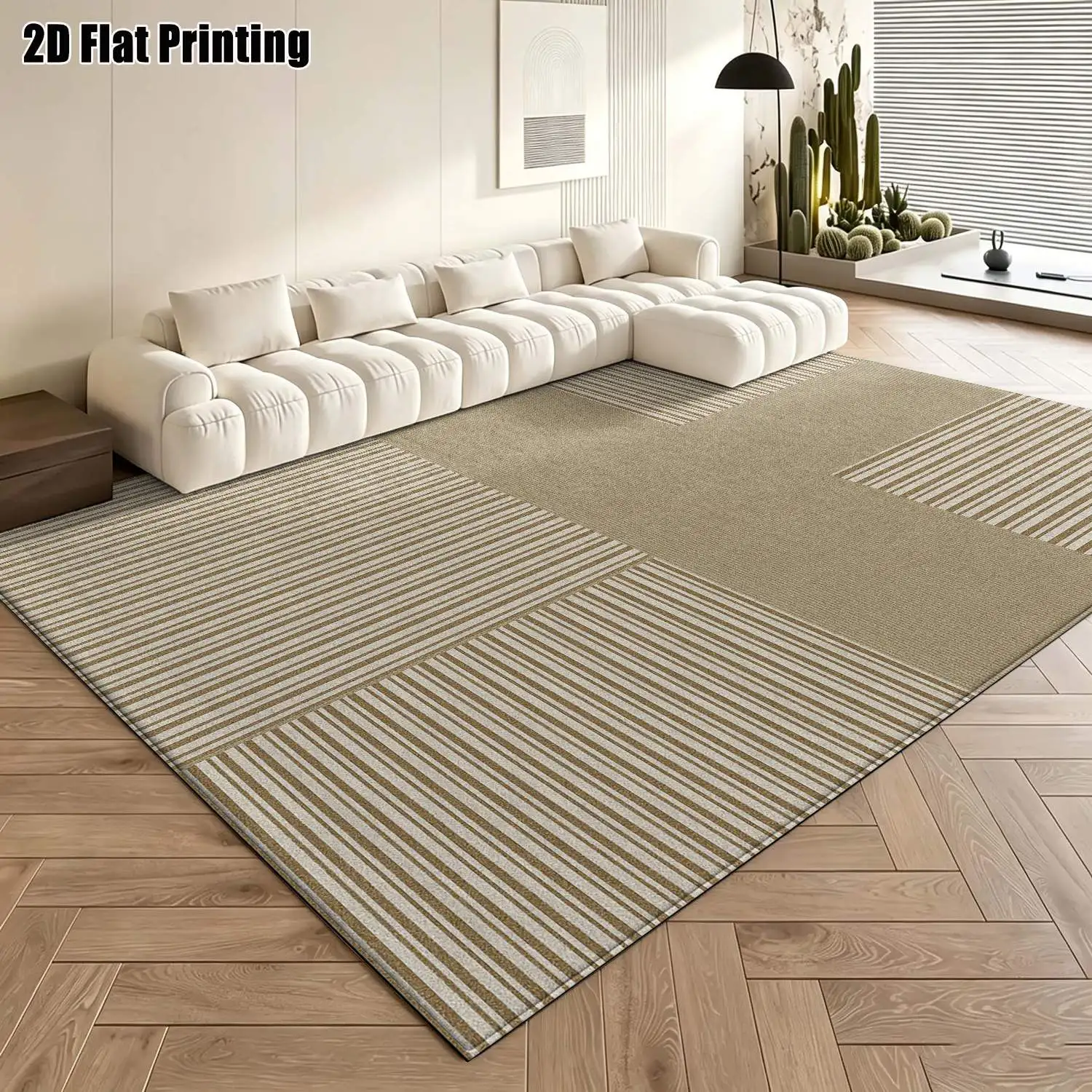 1Pc 2D Printed Beige Geometric Stripe Nordic/Instagram Style Machine-Washable Carpet, Multi-Size for Entryway, Dining Room, Bedroom, Living Room Home Decor