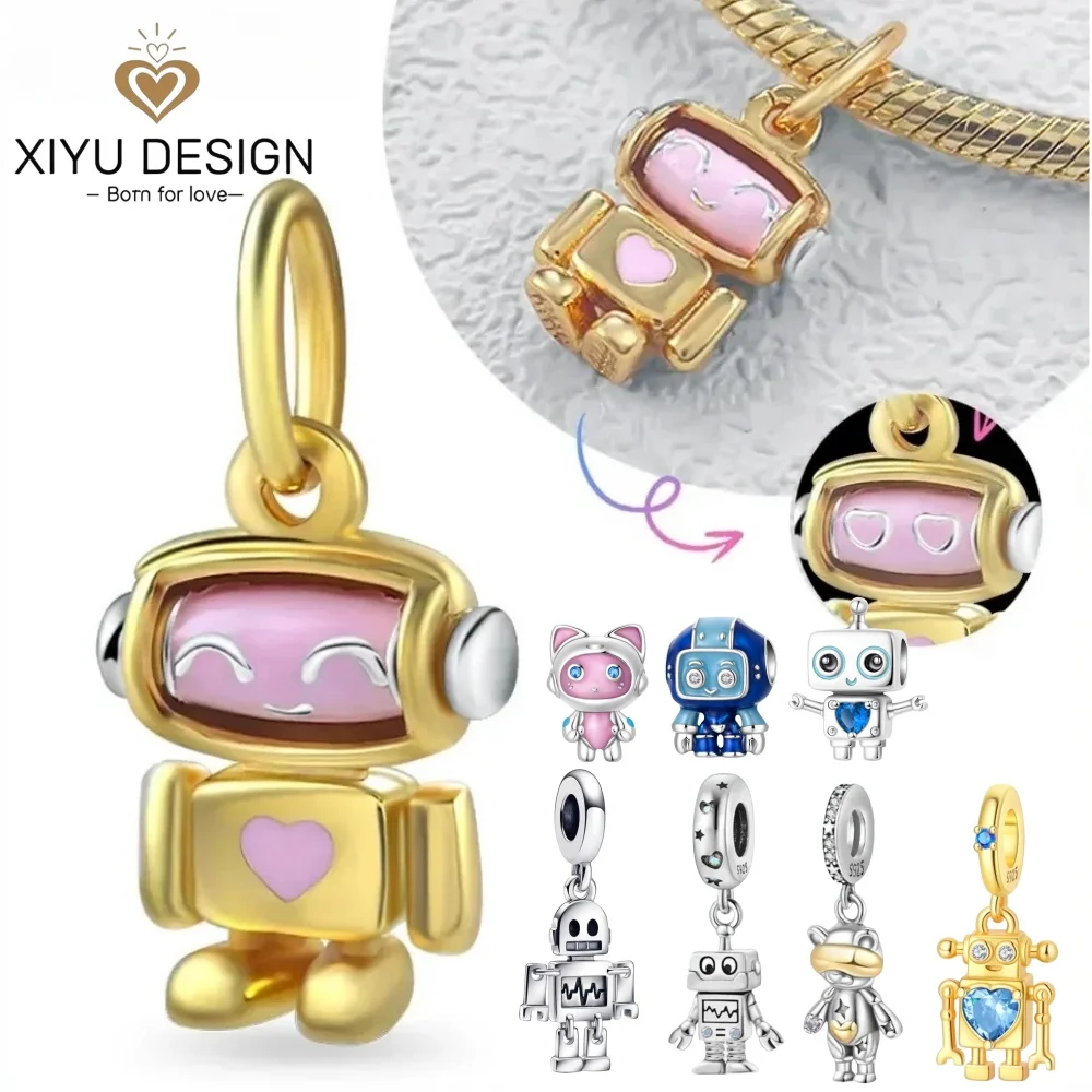 925 الفضة لطيف روبوت الأسرة استبدال الرموز Charms الخرز صالح الأصلي سوار للنساء Diy بها بنفسك مجوهرات عيد ميلاد للأطفال