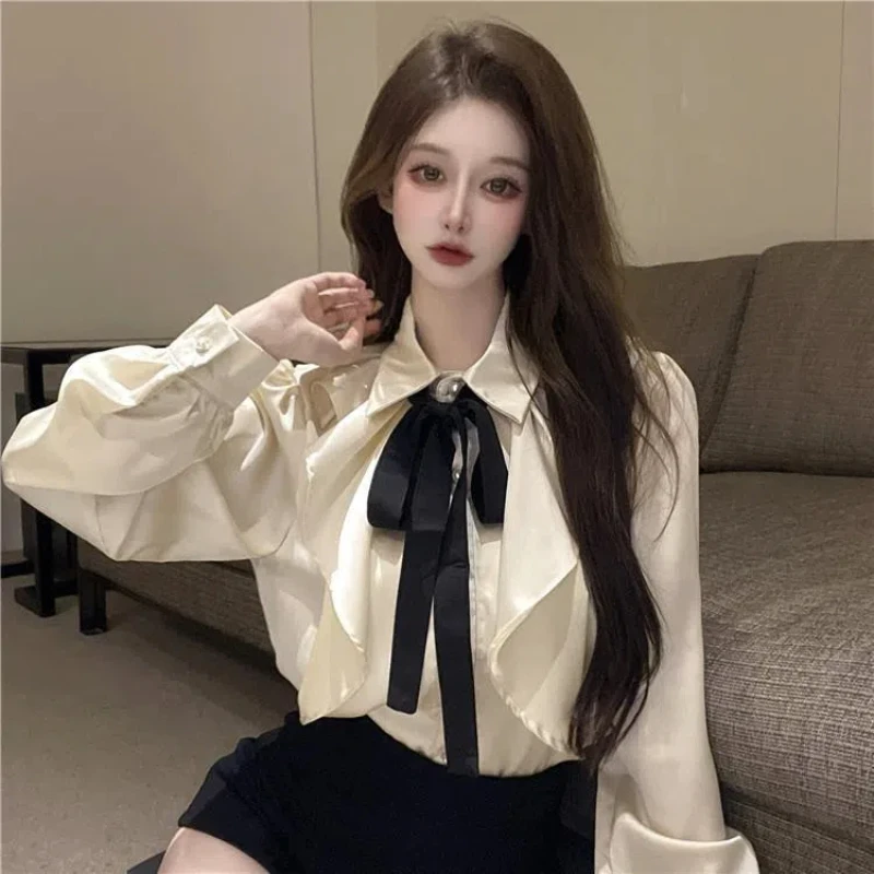 Temperament Blouse Women\'s Long Sleeve Polo Neck Bow Patchwork Ruffles Loose Solid Shirt Tops Fashion Korean Clothing Spring New