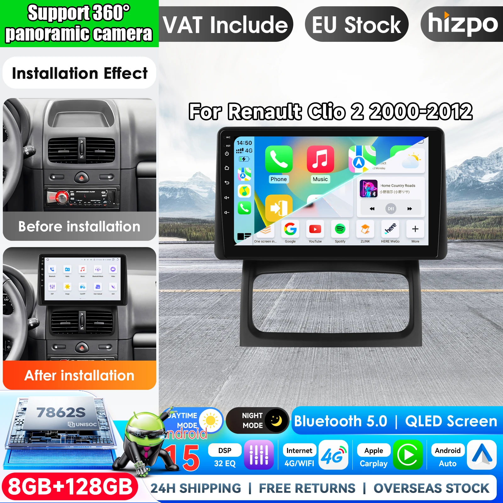 Hizpo CarPlay Wireless per Renault Clio 2 BB CB 2000 - 2012, navigatore GPS, autoradio, lettore multimediale video e audio, BT, DSP, stereo, WiFi, display touch, Airplay, autoradio, stereo, navigatore