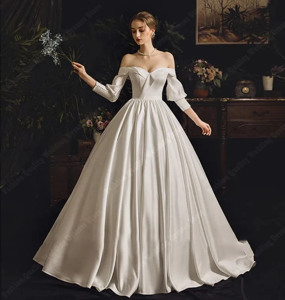 

Quality Satin Women Wedding Dresses Smooth One-Shoulder Bridal Gowns New Formal Fluffy Skirt Hems Floor Mopping Vestido De Novia